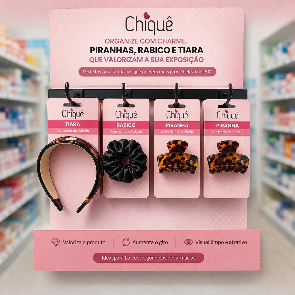 Expositor Chiquê para farmácias com tiara, rabico e piranhas
